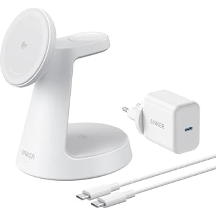 Anker MagGo 3-in-1 15W MagSafe kompatibles Ladegerät, iPhone Induktive Ladestation, Qi2-zertifiziert Wireless Charger für iPhone 16/15/14/13/12, Apple Watch, AirPods Pro (Adapter inkl.), Weiß – Bild 1