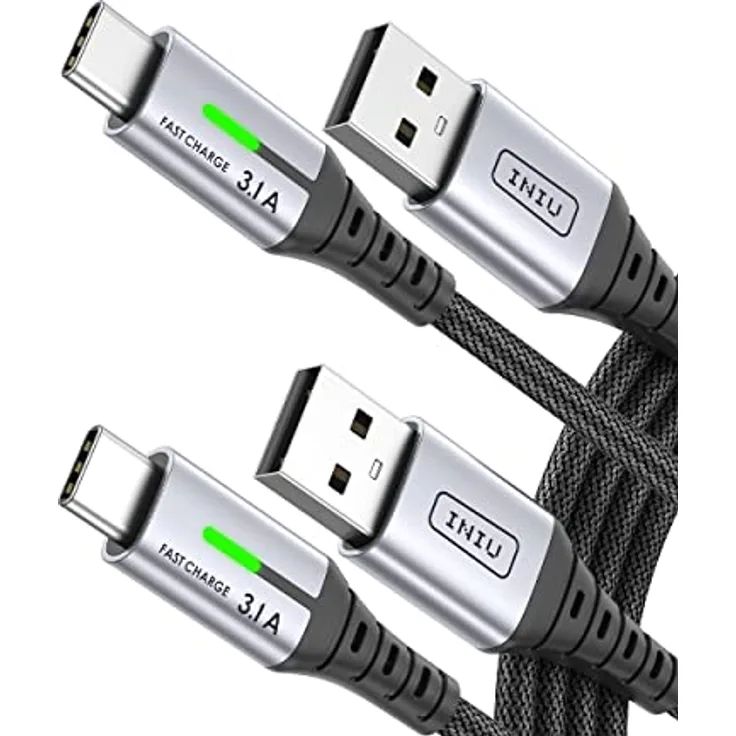 INIU USB C Kabel, [2m, 2 Stück] 3.1A Schnellladekabel mit Nylon Geflecht, USB-A auf USB-C, kompatibel mit iPhone 17/16/15 Pro Max, Samsung S25/S24 Ultra, Pixel 7, iPad Air, MacBook Air