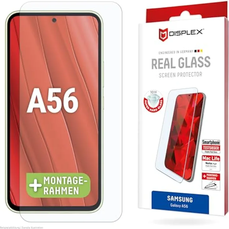 Displex Schutzglas für Samsung Galaxy A56, Eco-Montagerahmen, volle Displayabdeckung, Tempered Glas, kratzer-resistente Schutzfolie, hüllenfreundlich (Real Glass 2D)