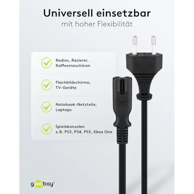 Goobay 51322 Euro Anschlusskabel, Netzkabel, Stromkabel, 2 adrig, Eurostecker (Typ C, E 7-16) > Gerätebuchse C7, 1,8m, schwarz – Bild 4