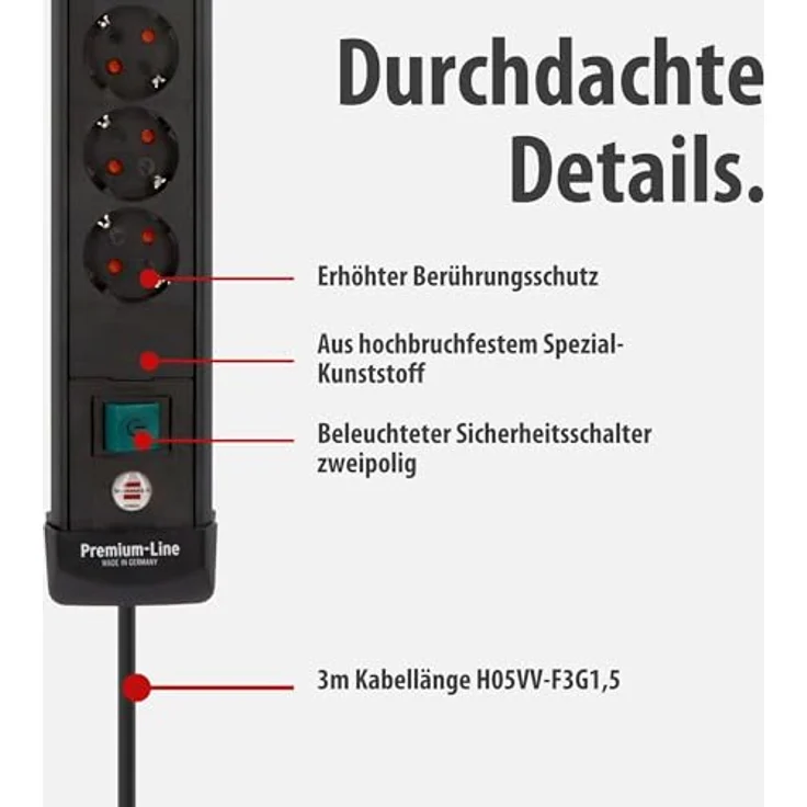 Brennenstuhl Premium-Line 1951160613 Steckdosenleiste Schwarz, 6-fach mit 3m Kabel, 3 USB-Ladebuchsen (2x USB C 65W, 1x USB A 18W), Schutzkontakt-Steckdosen, Sicherheitsschalter – Bild 5