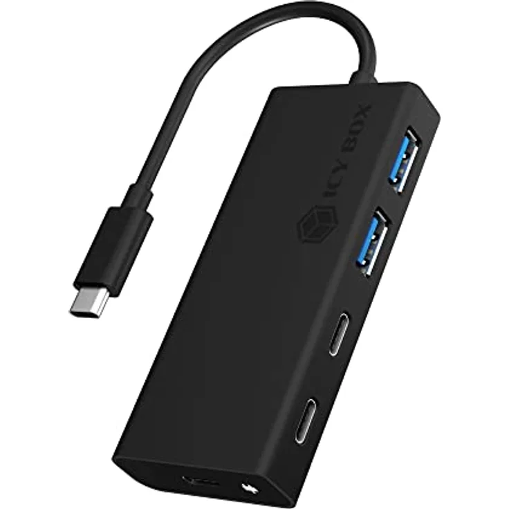 Icy Box USB Hub mit USB-C Stecker und Power Delivery, USB 3.0, integriertes Kabel, aluminium, PD 60 Watt, schwarz