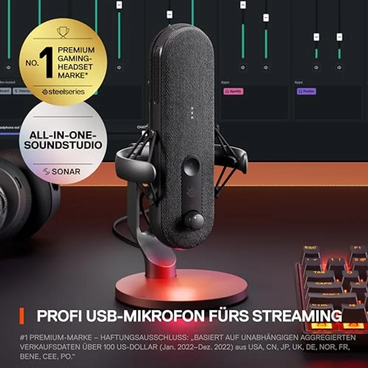 SteelSeries Alias USB-Mikrofon für PC – 3 Mal größere Kapsel fürs Gaming, Streaming und Podcasting – KI-gestützte Geräuschunterdrückung – LED-Stummschalttaste + Pegelüberwachung – Stoßdämpfer – Bild 2