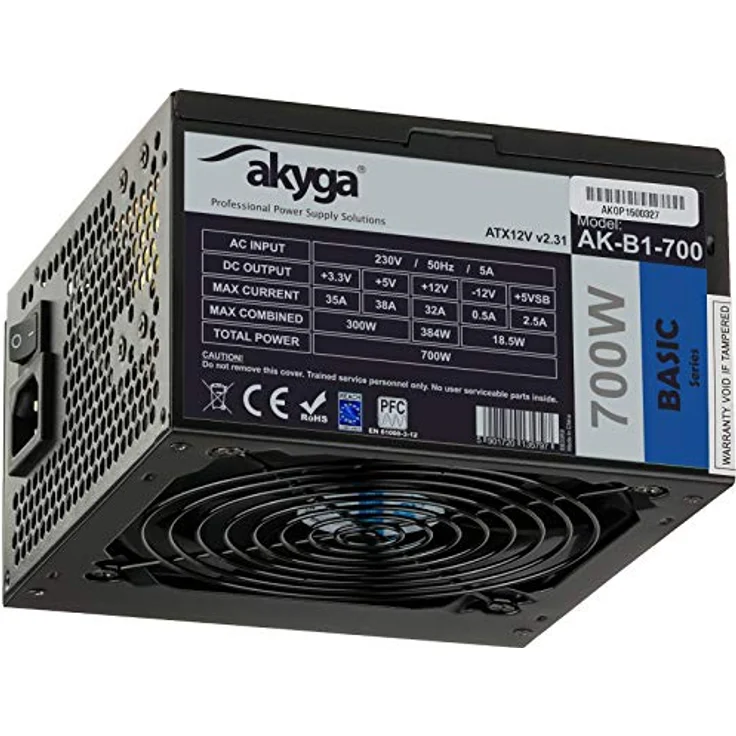 AKYGA Basic Power Supply AK-B1-700BE, 700W ATX 2.31 Black Edition, 5x SATA, PCI-E 6+2 Pin, 120mm Fan, PPFC – Bild 1