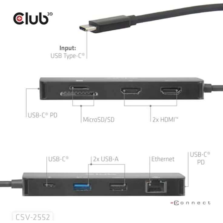 Club3D CSV-2552 USB-C® Dockingstation mit Dual HDMI, 4K60Hz, 4x USB-Anschlüssen, integrierten Micro SD/SD-Kartenlesern, RJ45 und Power Delivery 3.0 – Bild 5