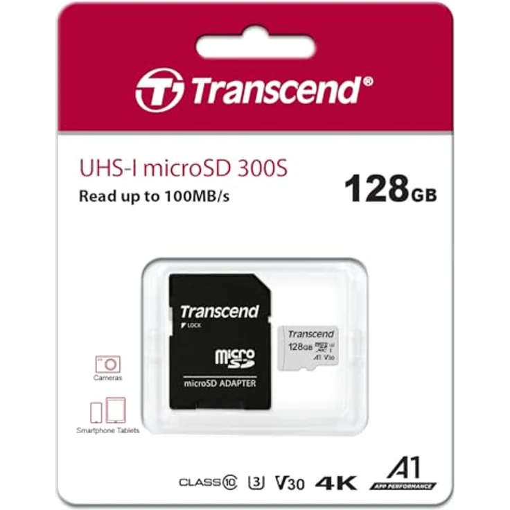 Transcend Highspeed 128GB  micro SDXC-SDHC Speicherkarte (für Smartphones, etc. und Digitalkameras) - 4K, U3, V30, A1, UHS-I TS128GUSD300S-A (mit Adapter) – Bild 2