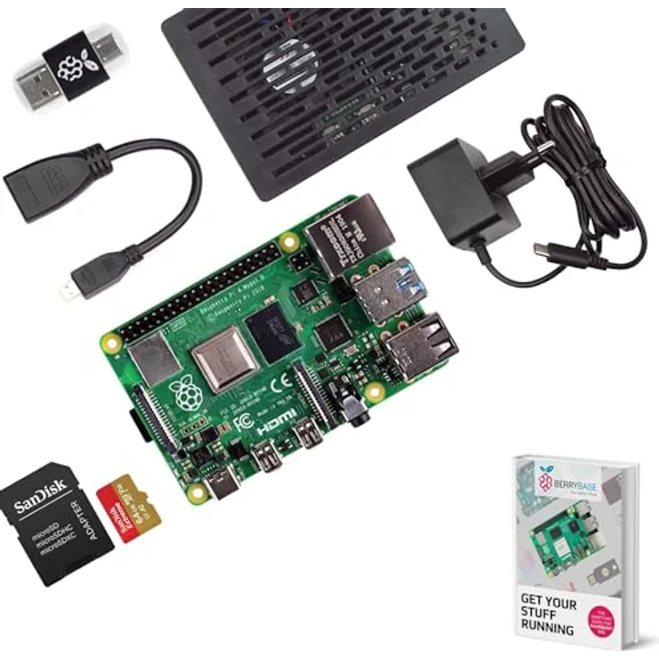 BerryBase Raspberry Pi 4B, 4GB Basic Kit mit ARM Cortex-A72 Prozessor, 4K Unterstützung und Acrylgehäuse mit Lüfter