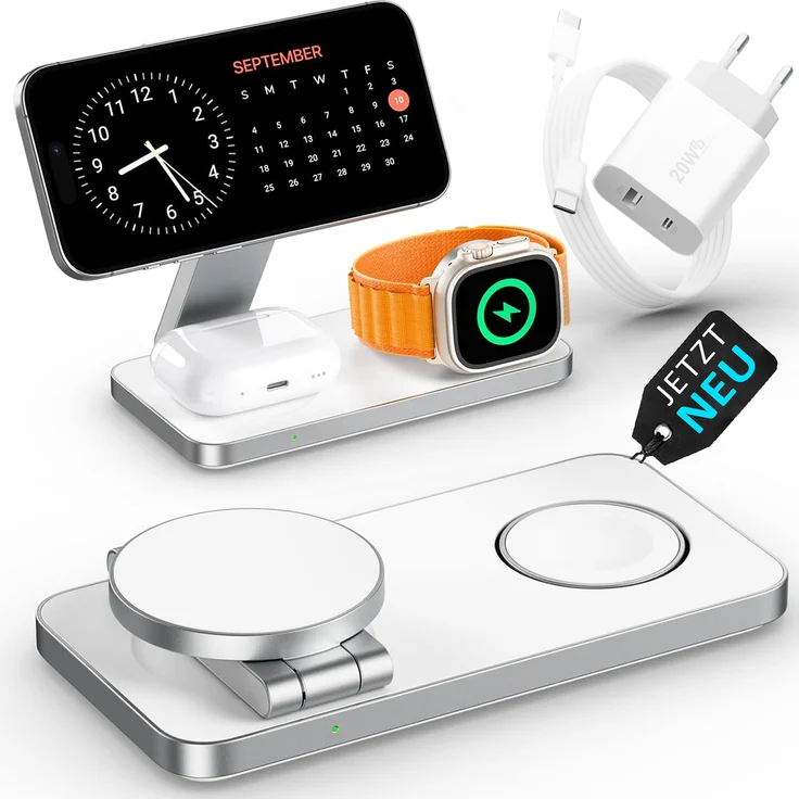 GreenHec 3in1 Magnetic PowerBase Travel Charger, Wireless Ladestation für Apple Watch, iPhone 12-16 und AirPods, 15W MagSafe, faltbar, grün