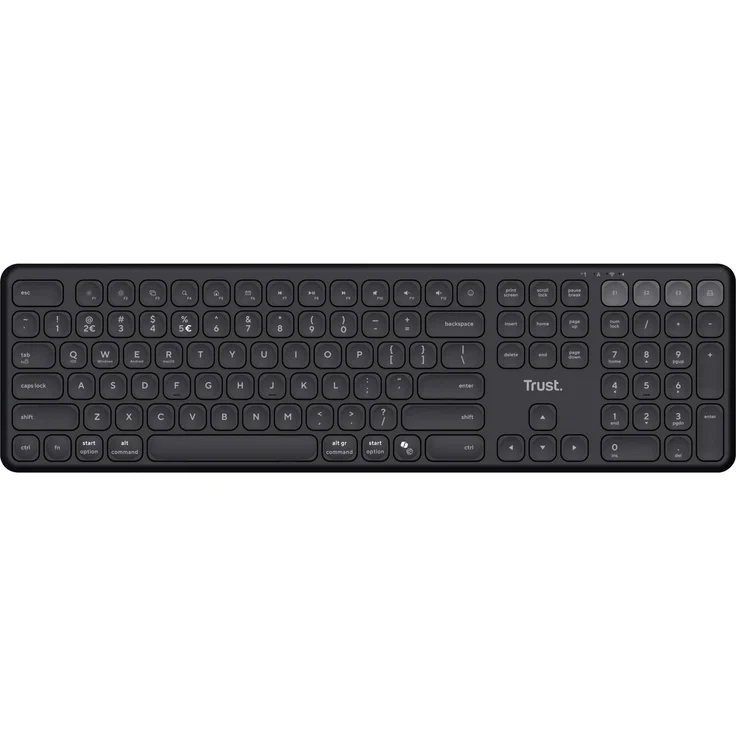 Trust Vaiya Kabellose Tastatur, Universal USB + RF Wireless + Bluetooth, US Englisch, Schwarz, für bis zu 4 Geräte, mit wiederaufladbarem Akku und Multimedia-Fn-Tasten