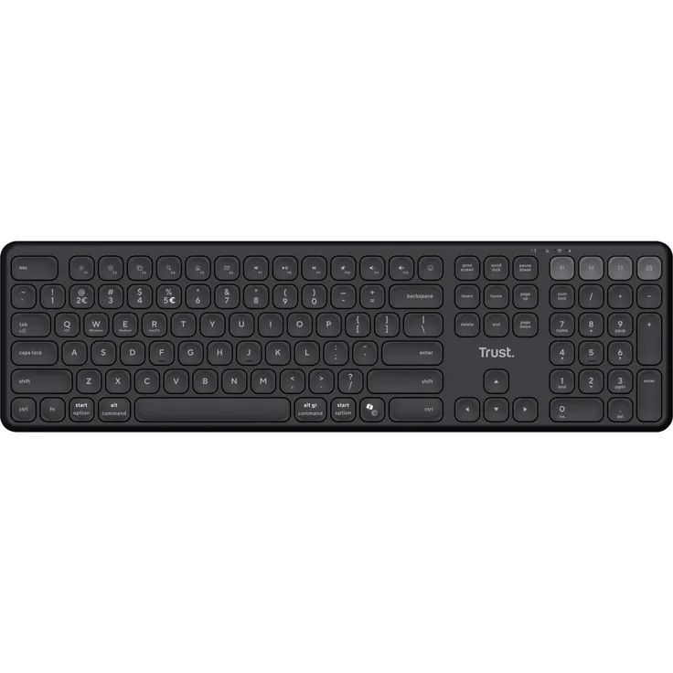 Trust Vaiya Kabellose Tastatur, Universal USB + RF Wireless + Bluetooth, US Englisch, Schwarz, für bis zu 4 Geräte, mit wiederaufladbarem Akku und Multimedia-Fn-Tasten