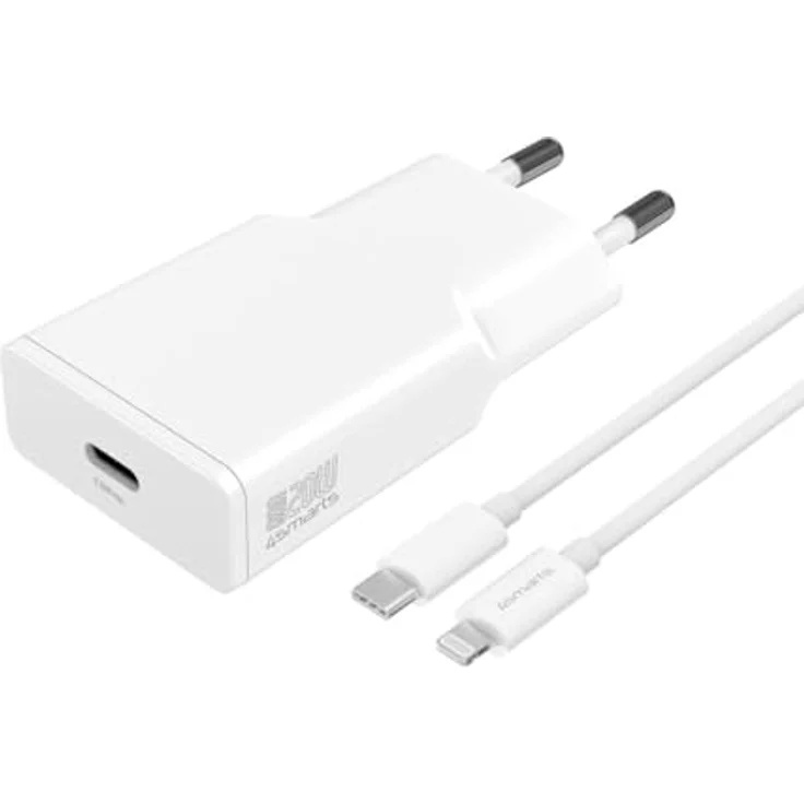 4smarts PDPlug Slim 54002, 20W GaN-Netzladegerät mit USB-C-Ausgang und 1,5m USB-C auf Lightning Kabel, weiß