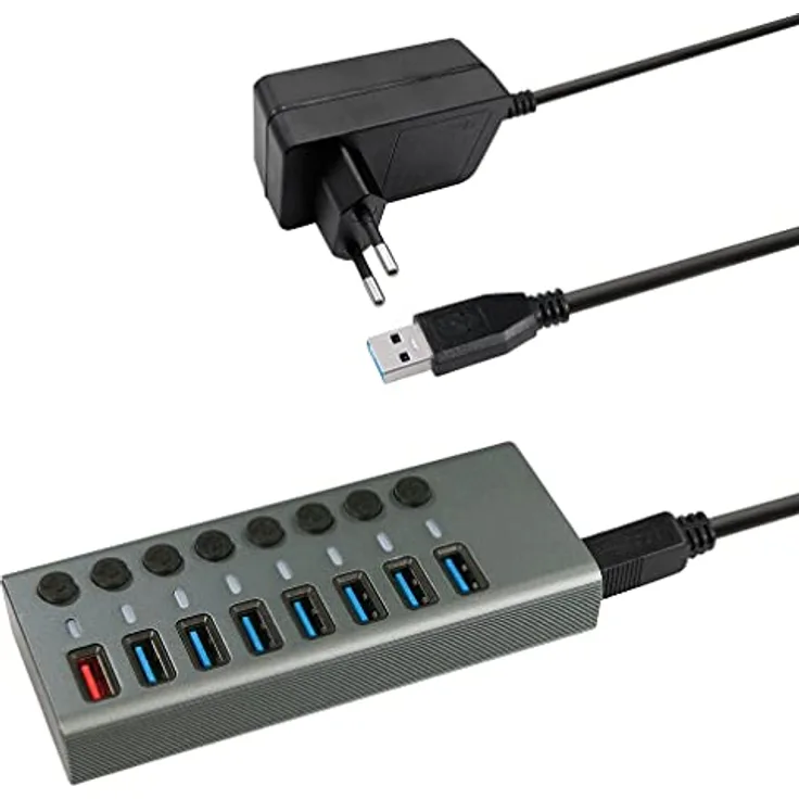 Transmedia CH 11 L USB HUB 3.0, 8 Ports mit Schalter und LED-Anzeige, inklusive 12V / 4A Netzteil, 7xDatenübertragung und 1xSchnellladefunktion, Geeignet für Laptop und PC