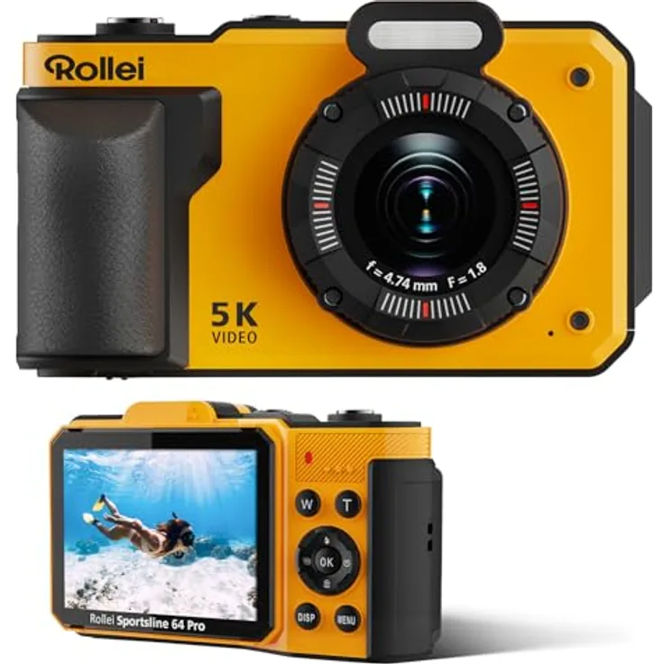 Rollei Sportsline 64 Pro, Unterwasserkamera 5K 64MP mit Sony 21MP Sensor, IP68 wasserdicht bis 8m, 18X Digitalzoom für Schnorcheln und Outdoor-Abenteuer