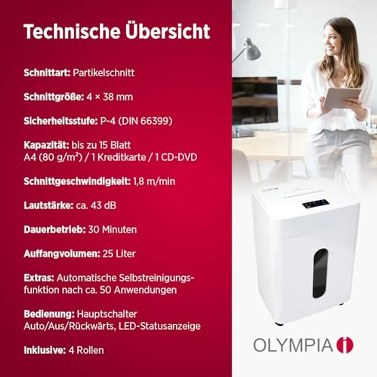 Olympia CC 2515 S, Aktenvernichter mit Partikelschnitt, nahezu geräuschlos, weiß – Bild 6