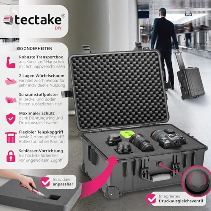 tectake Transportkoffer leer mit Schaumstoff, Universalkoffer mit Rollen, wasserdichter Trolley, Outdoor geeignet, stoßfest, Kamera Zubehör 45 x 26 x 58 cm – Bild 2