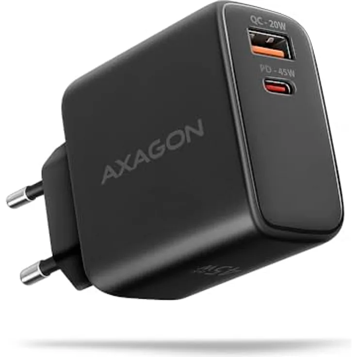 Axagon ACU-PQ45 GaN USB Ladegerät, 45 W mit 2x Ports (USB-A + USB-C), PD3.0, QC4+, Schwarz