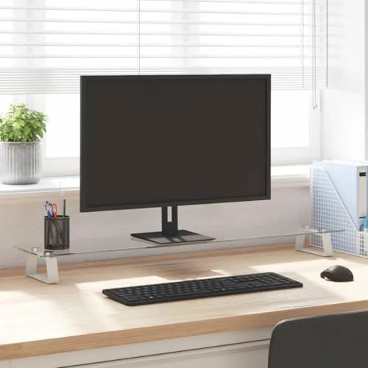 vidaXL Monitorständer mit Stauraum, Monitorerhöhung aus Hartglas und Metall, Weiß 100x20x8cm, ergonomisches Design für verbesserten Komfort – Bild 2