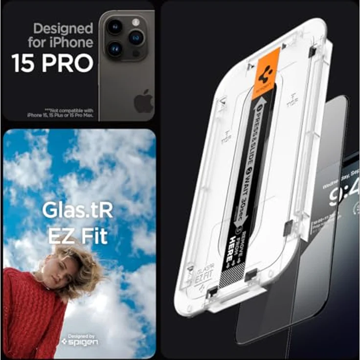 Spigen Glas.tR EZ Fit Displayschutzfolie für iPhone 15 Pro, 2 Stück, Kratzfest, 9H Härte, Transparent – Bild 3
