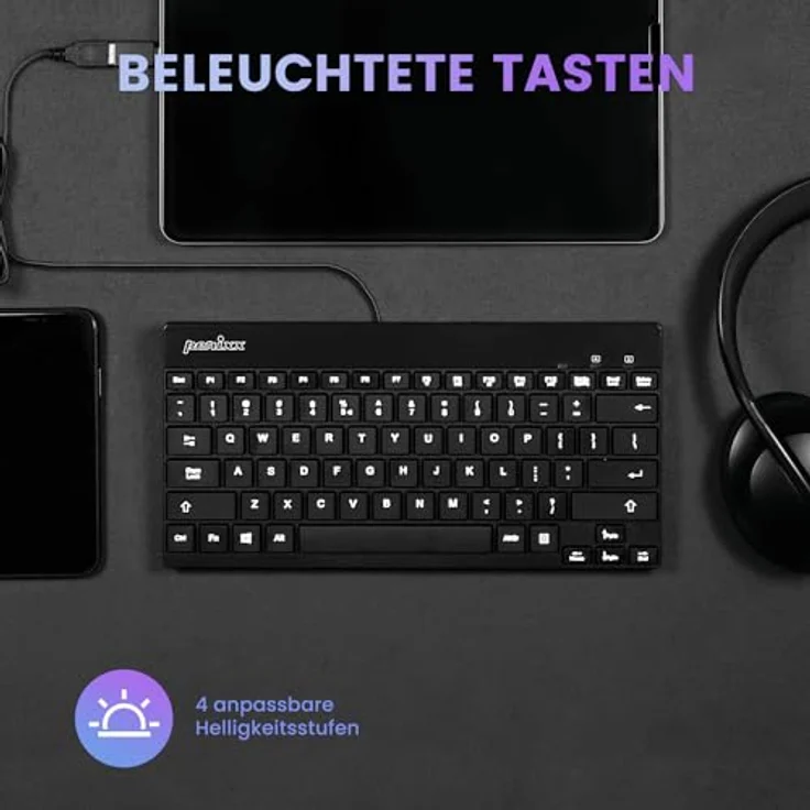 Perixx Periboard-326 Mini schwarz, LEDs weiß, USB, DE QWERTZ (11608) – Bild 5