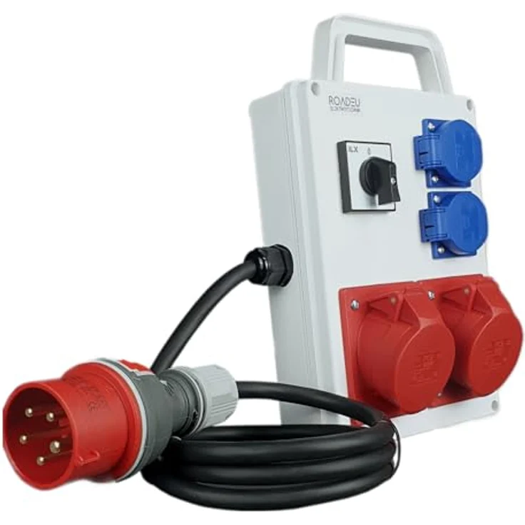 RoadEu Steckdosenverteiler, 2x CEE 16A Steckdose mit Schalter und Schuko 230V - europäische Komponenten, wasserdicht (1m - blau) – Bild 1