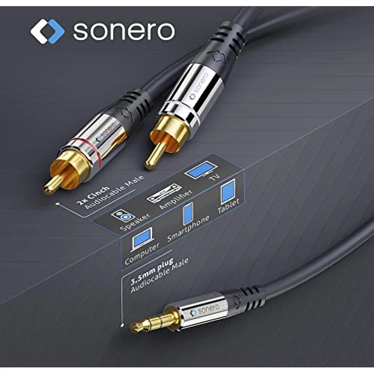 Sonero® Premium 0,50m Cinch Kabel, 2x Cinch auf Klinke Kabel 3.5mm, Audio Kabel, HiFi-Anlage, AUX, schwarz – Bild 3