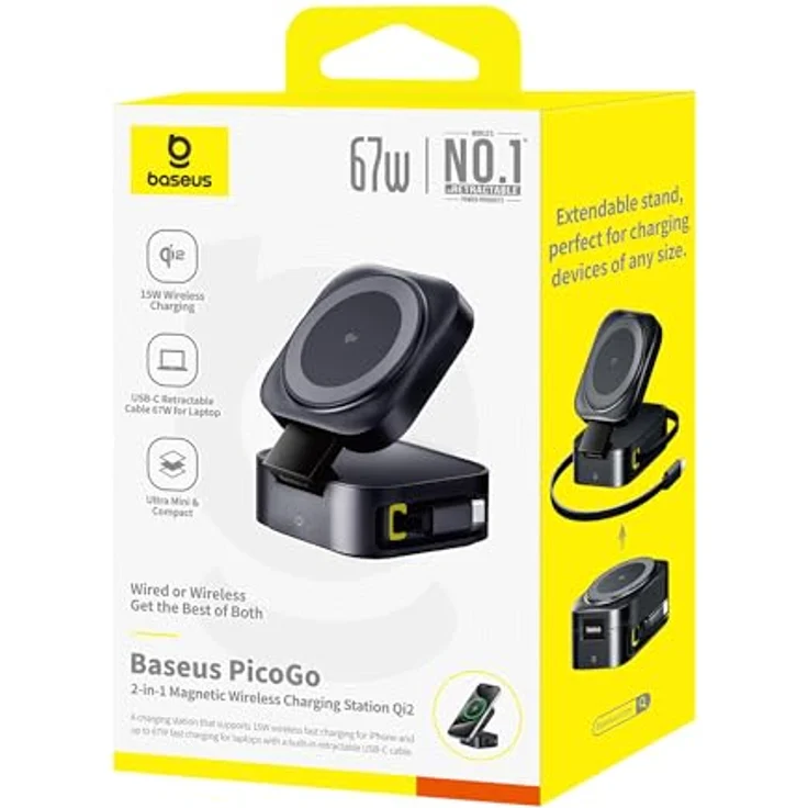 Baseus PicoGo 2-in-1 Wireless-Ladegerät mit Magsafe Qi2, 67W, schwarz, für gleichzeitiges Laden von zwei Geräten – Bild 7