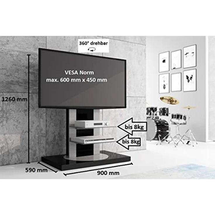 designimpex Design TV Schrank Roma H-777nw, Schwarz Hochglanz, 360° drehbar, TV Möbel für 32-65 Zoll LCD/Plasma bis 40 kg inkl. TV-Halterung – Bild 2