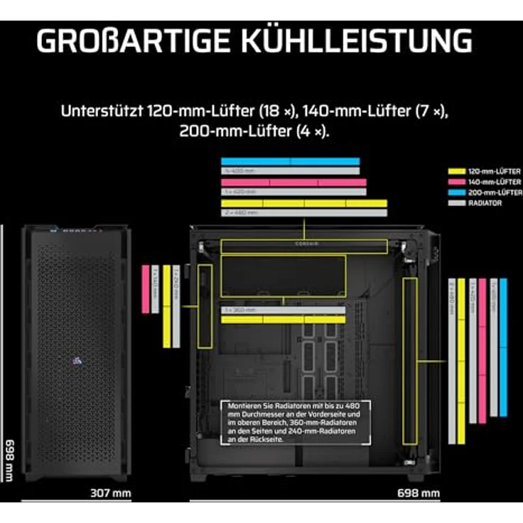 CORSAIR 9000D RGB Airflow Super Full-Tower-PC-Gehäuse – Keine Ventilatoren Inbegriffen – iCUE LINK-System-Hub Inbegriffen – Schwarz – Bild 4