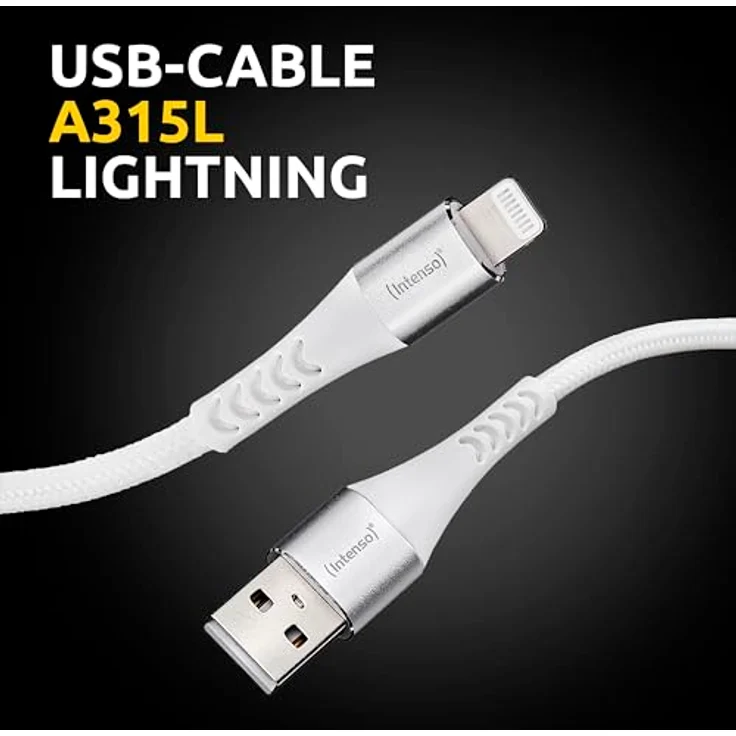 Intenso USB-Cable A315L, USB-A auf Lightning Daten- und Ladekabel, 12 Watt, Nylon, 1.5 Meter, weiß – Bild 2