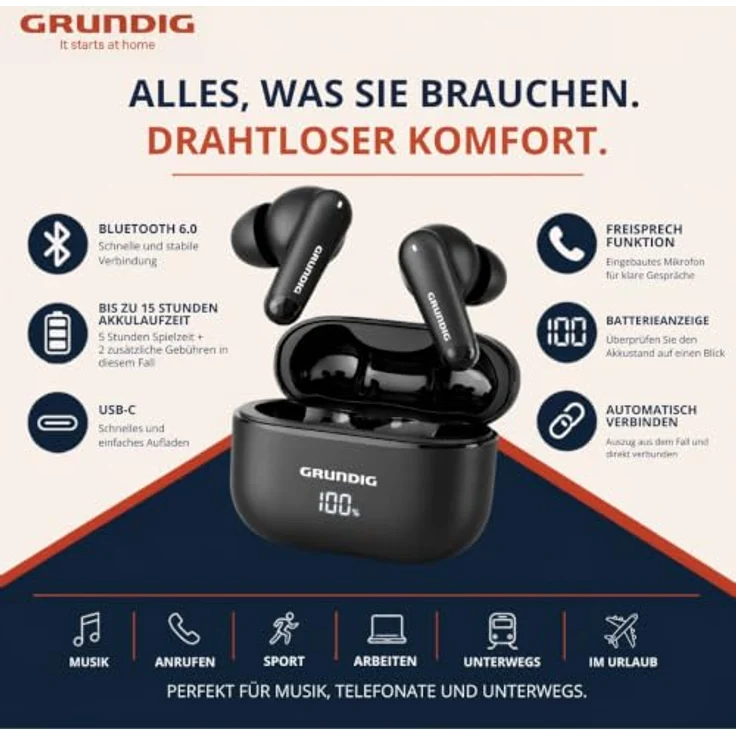 Grundig Kabellose Ohrhörer, True Wireless Stereo Earbuds mit 15 Stunden Spielzeit, In-Ear-Kopfhörer – Bild 2