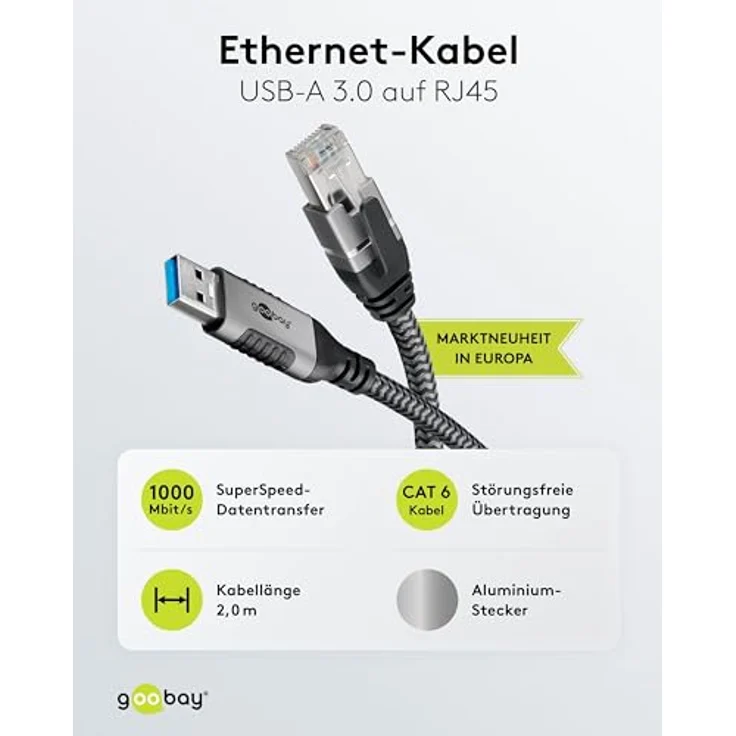 Goobay 70498 USB-A auf RJ45 Ethernet CAT 6 Kabel für stabile kabelgebundene Internetverbindung mit Router/Modem/Netzwerk Switch/Ersetzt USB auf RJ45 Adapter / 1 Gbit/s / 2 Meter – Bild 5