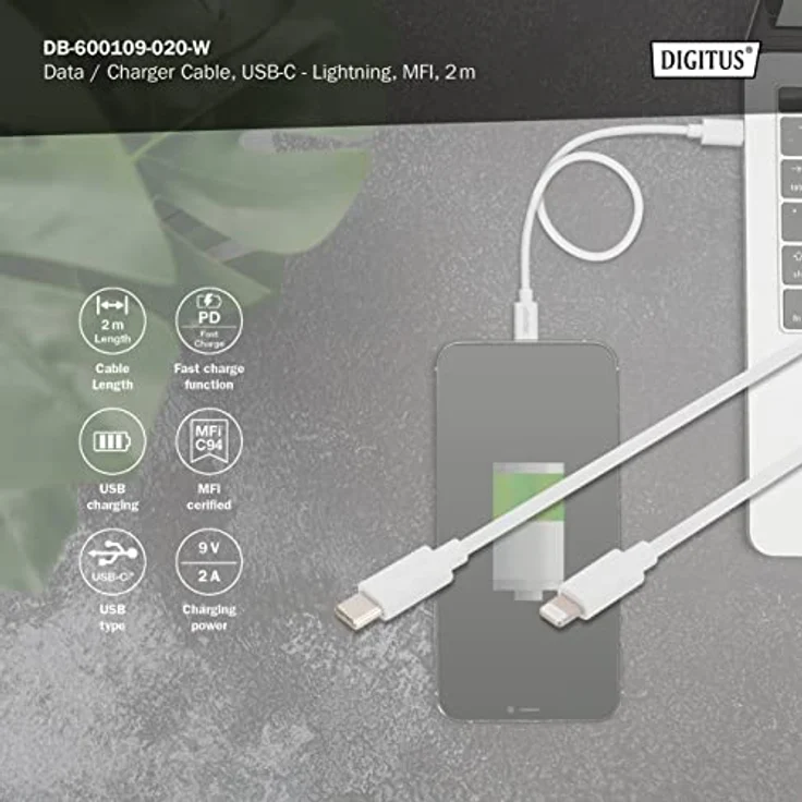 DIGITUS Type C zu Lightning MFI C94, 2M Füllung+AL+B Mantel PVC, weiß OD:3.5mm – Bild 2