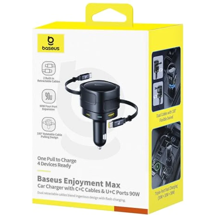 Baseus Enjoyment Max, Auto-Ladegerät mit 90W Leistung, USB-C+USB-C Kabeln und USB-A+USB-C Ports, schwarz – Bild 7