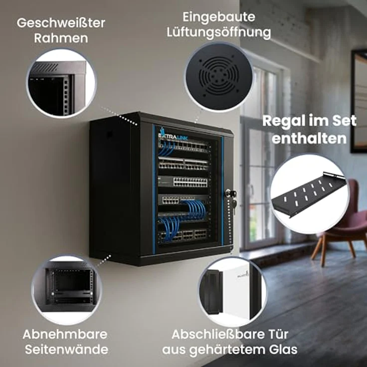 Extralink Serverschrank 19 Zoll 9HE, Netzwerkschrank 400mm Tiefe, Wand- oder Standmontage, Traglast 60 kg, 180° Öffnung, schwarz, inkl. praktischer Regale für Heimnetzwerk & IT-Geräte – Bild 2