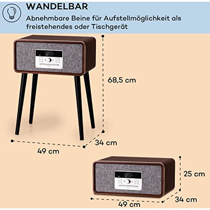 Auna Mary Ann Plattenspieler, Riemenantrieb, Bluetooth, CD, DAB+ & UKW Radio, MP3 Player mit Fernbedienung, Vintage Design – Bild 6