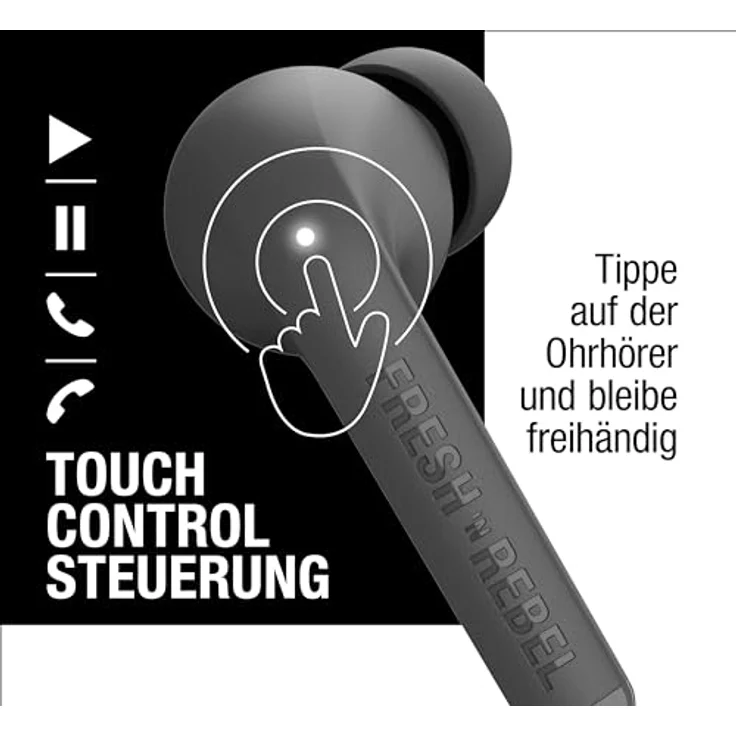 Fresh 'n Rebel Twins Fuse, True Wireless kabellose In-Ear-Bluetooth-Kopfhörer mit Spitze, mit Sprachassistent, Touch-Steuerung und eingebautem Mikrofon, 30 Stunden Spielzeit (Storm Grey) – Bild 3