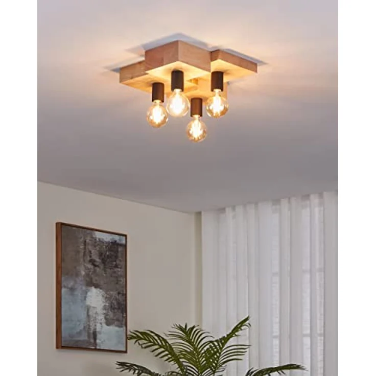 EGLO Deckenleuchte Halkin 4-flammig, natürliche Deckenbeleuchtung, FSC100HB, Holz in Natur und Metall in Schwarz, Wohnzimmerlampe mit E27 Fassung – Bild 2