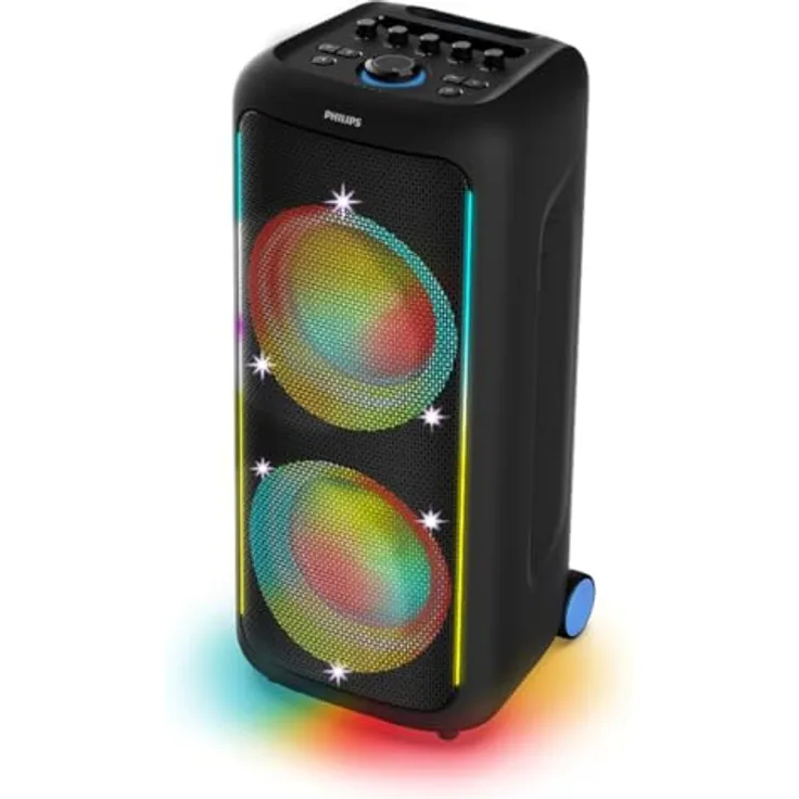 Philips TAX5000E, Bluetooth-Party-Lautsprecher mit 200 W, Bass+, Lichtshow, 14 Std. Akku, IPX4-Spritzwasserschutz, Mikro-/Gitarren-Eingänge, TWS, Auracast, App-Steuerung, tragbar mit Rädern und Griff