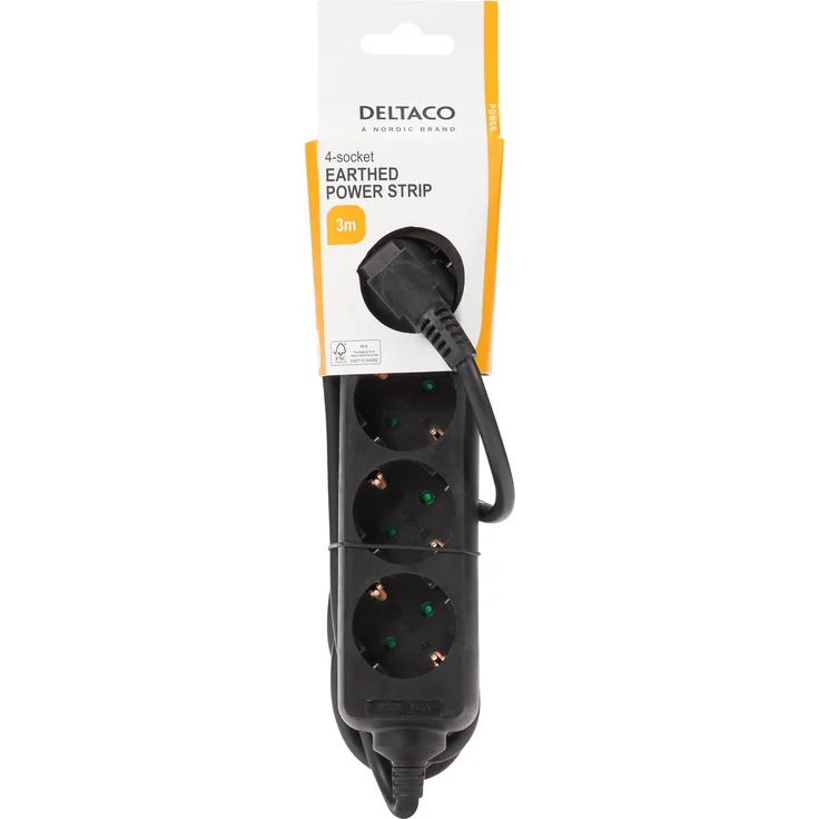 Deltaco GT-0421, Steckdosenleiste mit 4 AC-Ausgängen, 3 m Kabellänge, schwarz, Indoor-Nutzung