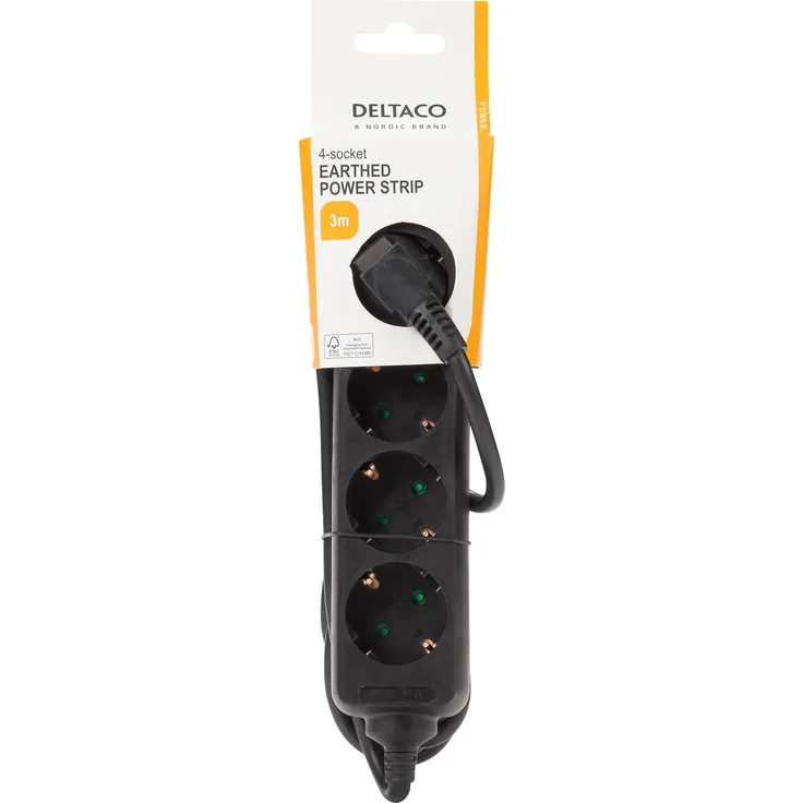 Deltaco GT-0421, Steckdosenleiste mit 4 AC-Ausgängen, 3 m Kabellänge, schwarz, Indoor-Nutzung