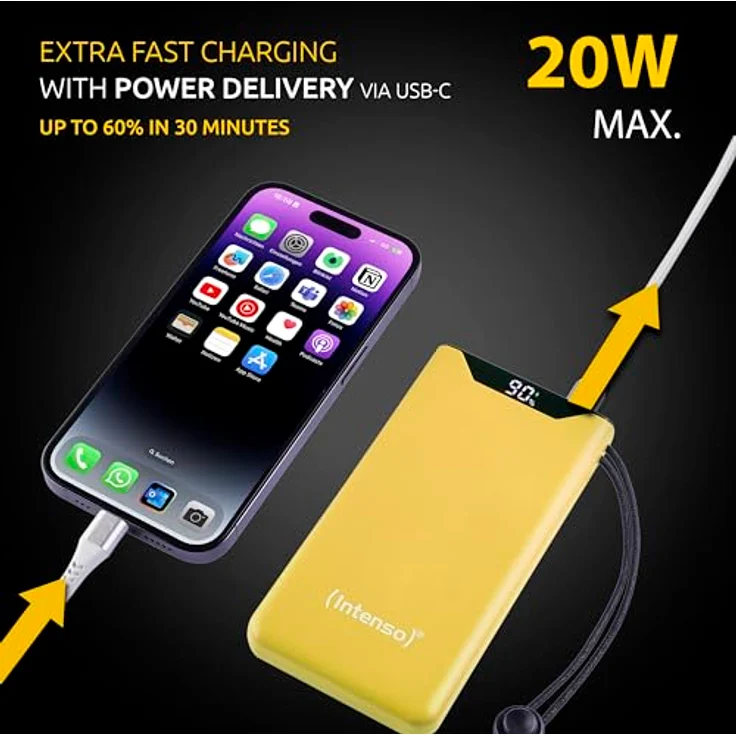 Intenso Powerbank F10000, externer Akku mit PD (20W) & QC (18W), USB-C und USB-A Anschluss, 10000mAh, Gelb – Bild 4