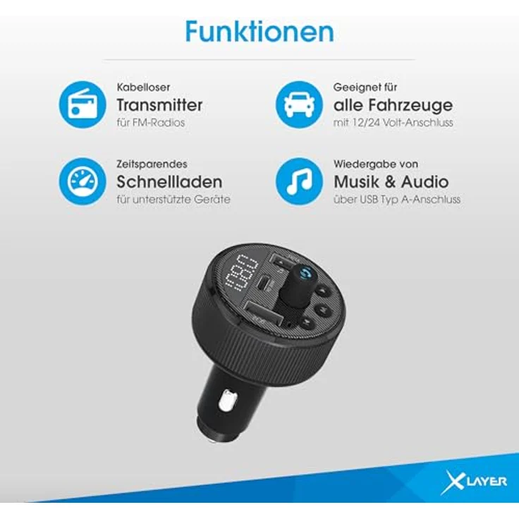 Xlayer Kfz-Ladegerät 30W mit FM-Transmitter, 12/24 V, Bluetooth 5.3, USB-C, 2x USB-A – Bild 5