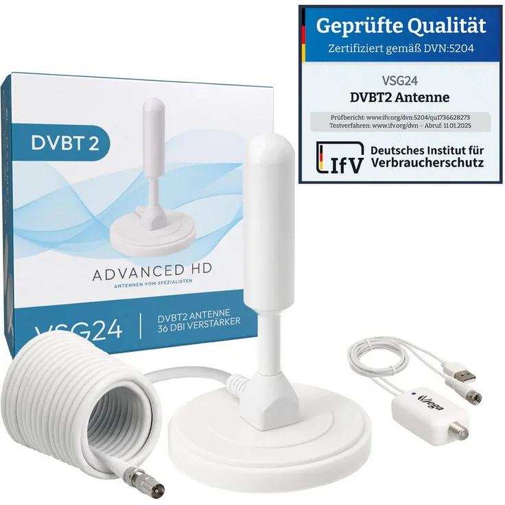 VSG24 DVBT2 Antenne mit Verstärker 36 dB, HDTV Innenantenne mit 5 m Kabel, weiß