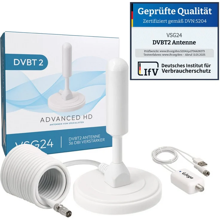 VSG24 DVBT2 Antenne mit Verstärker 36 dB, HDTV Innenantenne mit 5 m Kabel, weiß