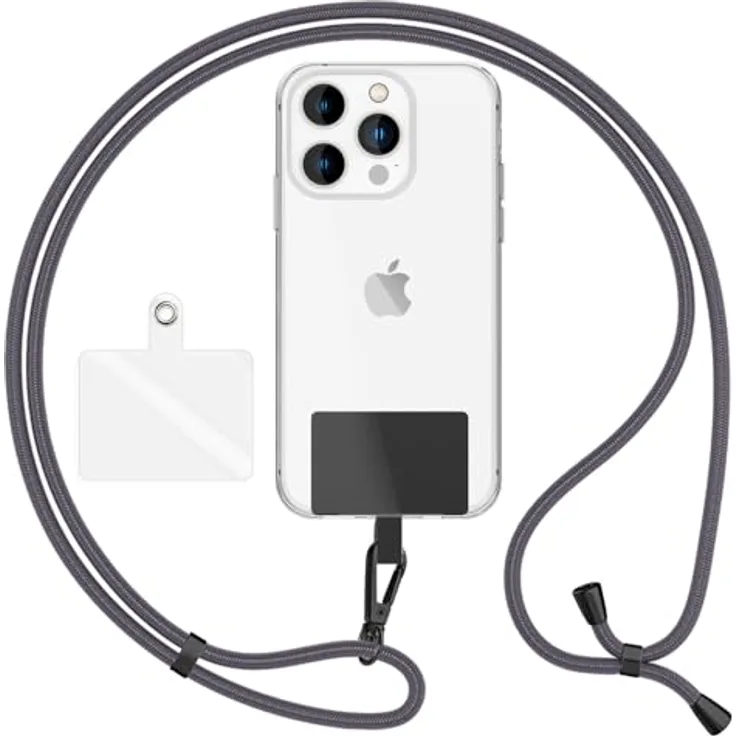 Nalia HoldMe Air Handykette Universal Smartphone, verstellbares Uni Lanyard mit Karabiner (schwarz), 160 cm, inkl. 2 Pads für Full-Cover Hüllen