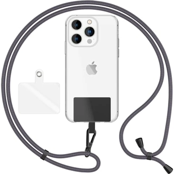 Nalia HoldMe Air Handykette Universal Smartphone, verstellbares Uni Lanyard mit Karabiner (schwarz), 160 cm, inkl. 2 Pads für Full-Cover Hüllen – Bild 1