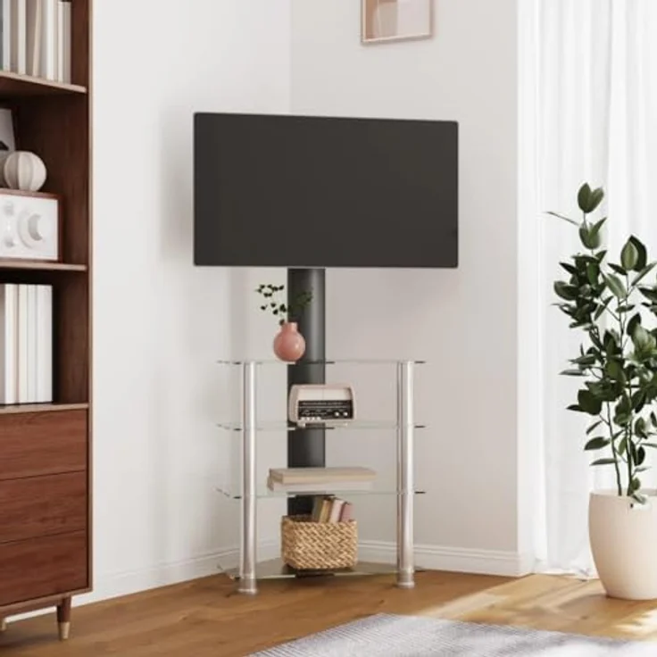 vidaXL TV Eckregal, TV Schrank mit 4 Ablagen, ±25° Schwenkbar TV Ständer Regal für 32-70 Zoll, TV Konsole Fernsehtisch Eckschrank, Schwarz Silbern – Bild 2
