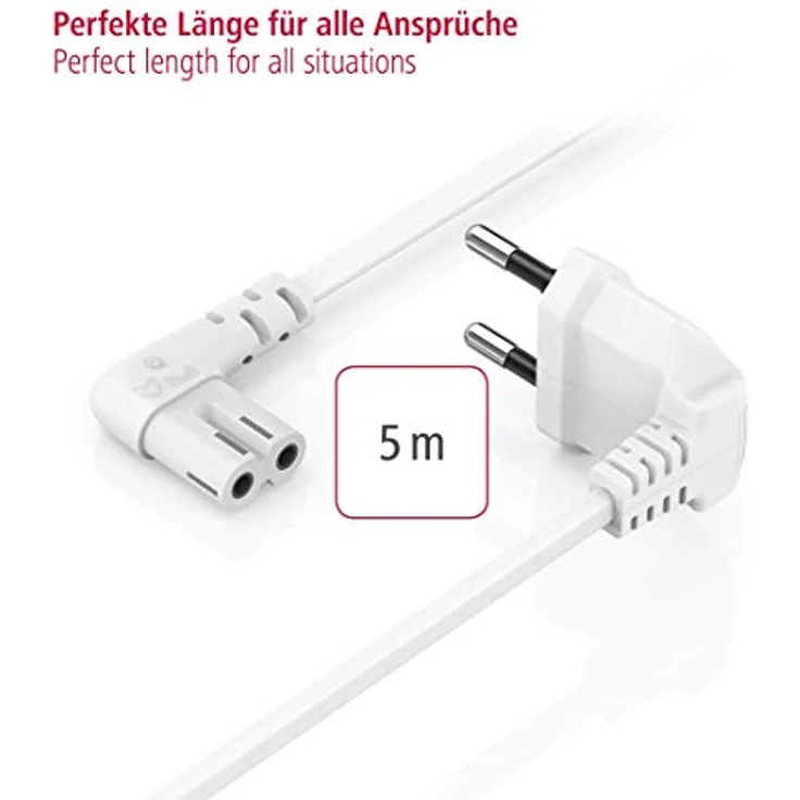 Hama Euro-Netzkabel (2-polig, 5 m, beidseitig 90 Grad gewinkelt, Netzstecker auf Euro 8 Doppelbuchse mit Schutzkontakt, Stromkabel) weiß – Bild 6