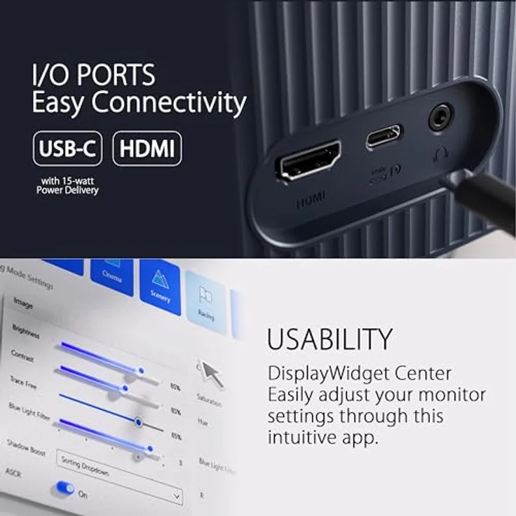 ASUS Eye Care VU279CFE-B 27 Zoll Full HD Monitor - 100 Hz, 1ms MPRT, AdaptiveSync, GreenProduct - IPS Panel, Vesa 75x75, 1920x1080, HDMI, USB-C mit 15W PD, ergonomisch, Sanftes Blau – Bild 4