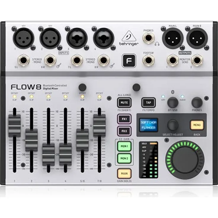 Behringer FLOW 8 - digital mixer mit Bluetooth-Fernsteuerung, 60-mm-Kanal-Fader, Midas-Vorverstärker, schwarz